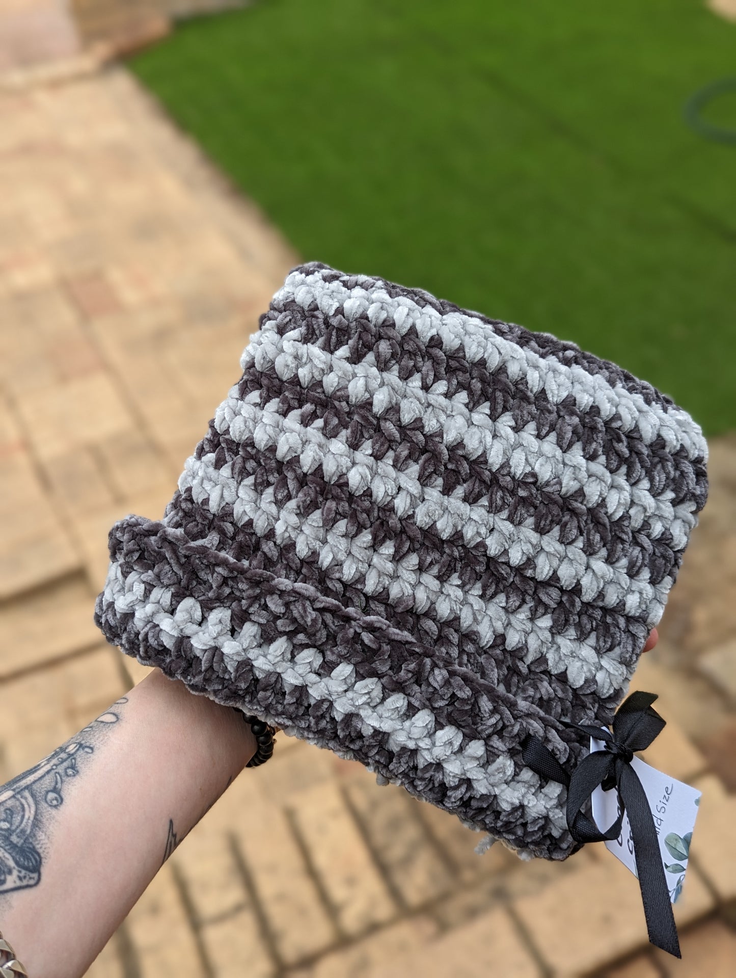 Cat Beanie Grey Stripe Velvet KIDS SIZE