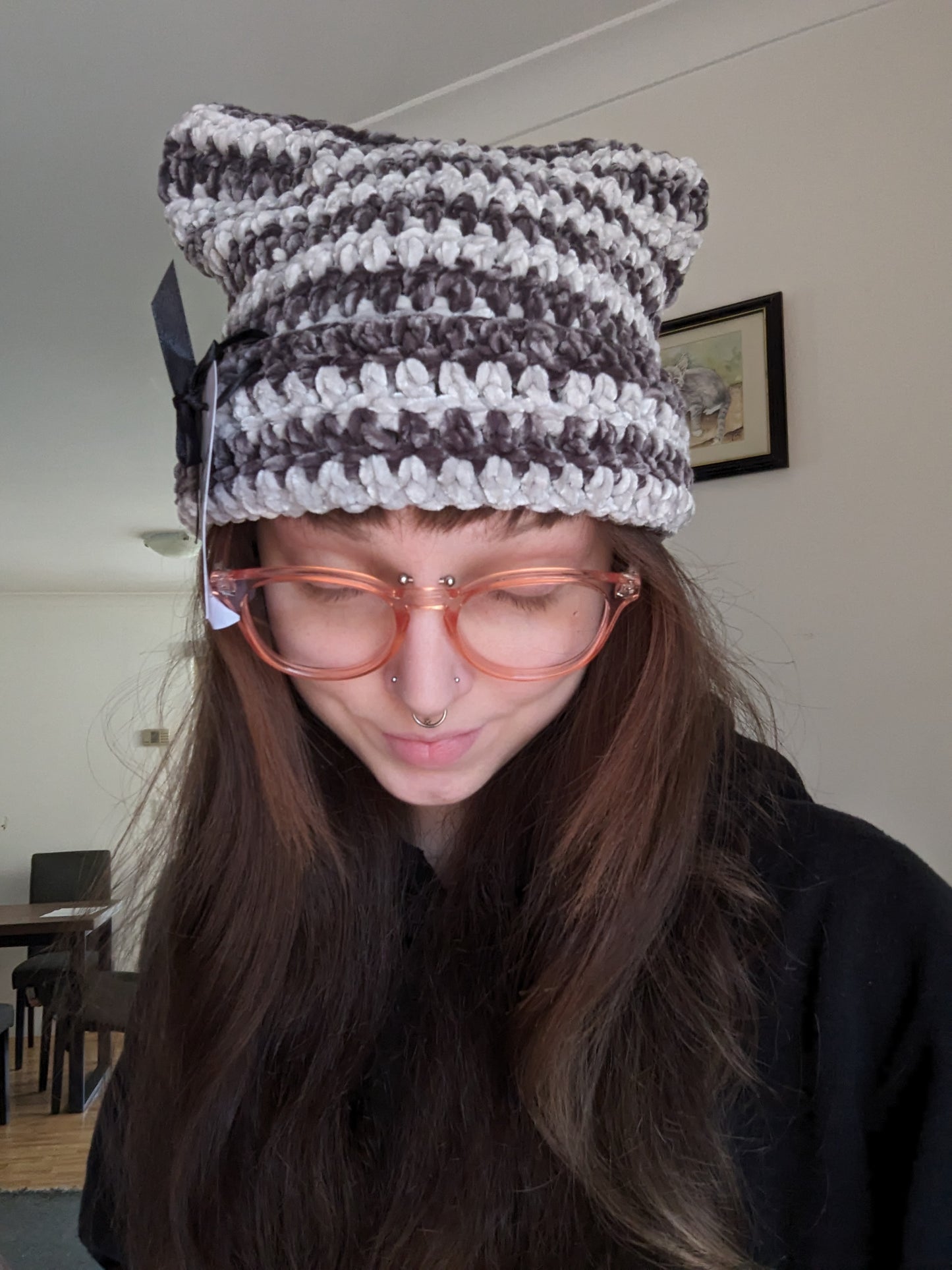 Cat Beanie Grey Stripe Velvet KIDS SIZE