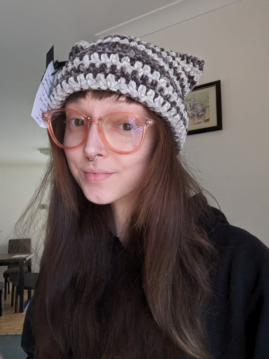 Cat Beanie Grey Stripe Velvet KIDS SIZE