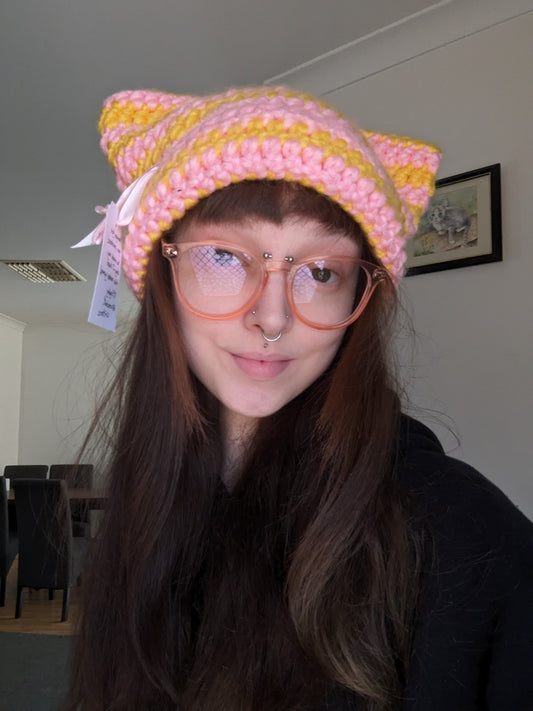 Cat Beanie Pink and Yellow